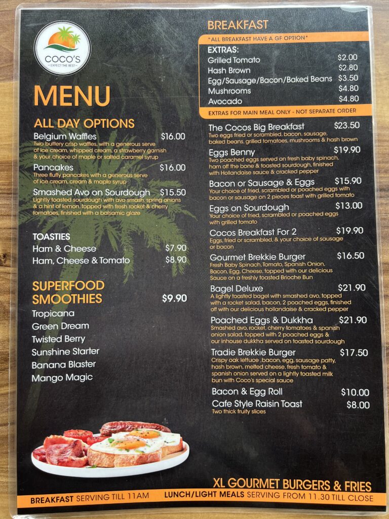 Ruff Ruff Reviews - Dog-Friendly Cafe - Coco's on the Lake, Currimundi - Menu