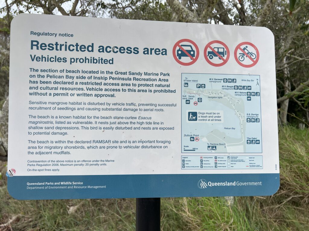 Ruff Ruff Reviews - Inskip Peninsula Recreation Area - Restricted access area sign