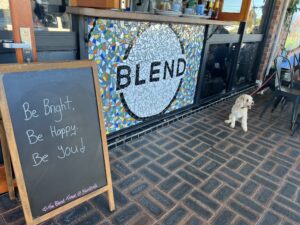 Ruff Ruff Reviews - Blend Cafe, Tannum Sands - Dog-friendly cafe, Ralph on best behaviour - Be Bright, Be Happy Be You sign.
