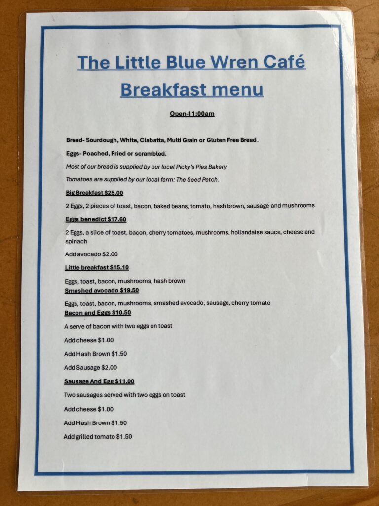 Ruff Ruff Reviews - The Little Blue Wren 2.0 Cafe - Monto - Breakfast Menu