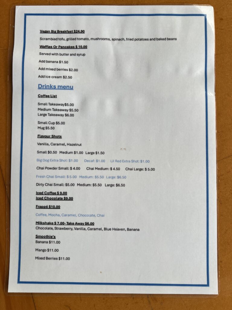 Ruff Ruff Reviews - The Little Blue Wren 2.0 Cafe - Monto - Breakfast Menu