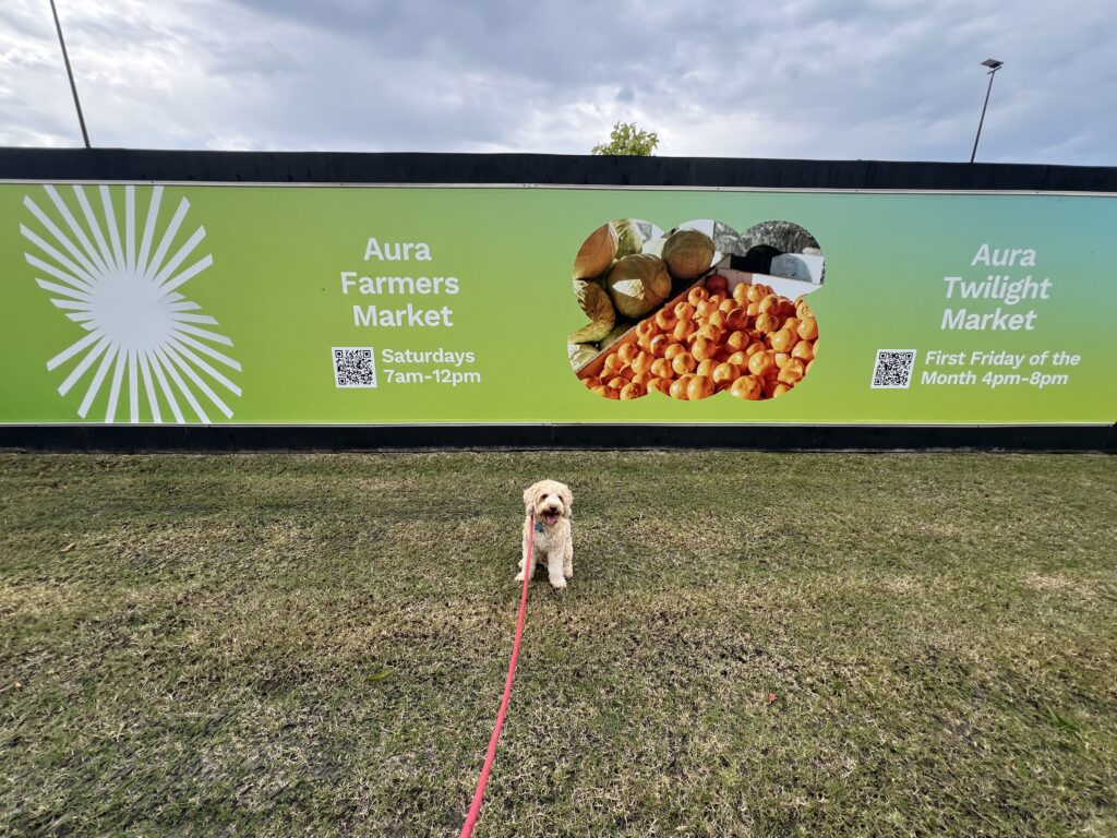 Ruff Ruff Reviews - Aura Farmers Markets (Saturday) Ralph in front of market sign