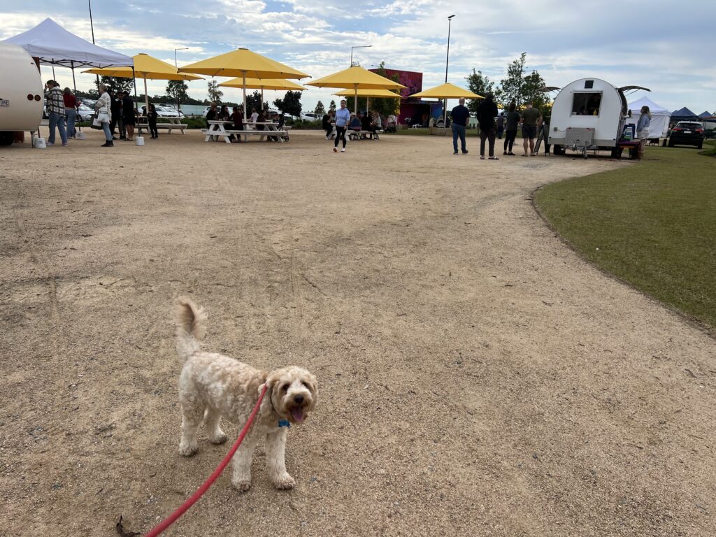 Ruff Ruff Reviews - Aura Farmers Markets (Saturday) - Ralph in front of market stalls