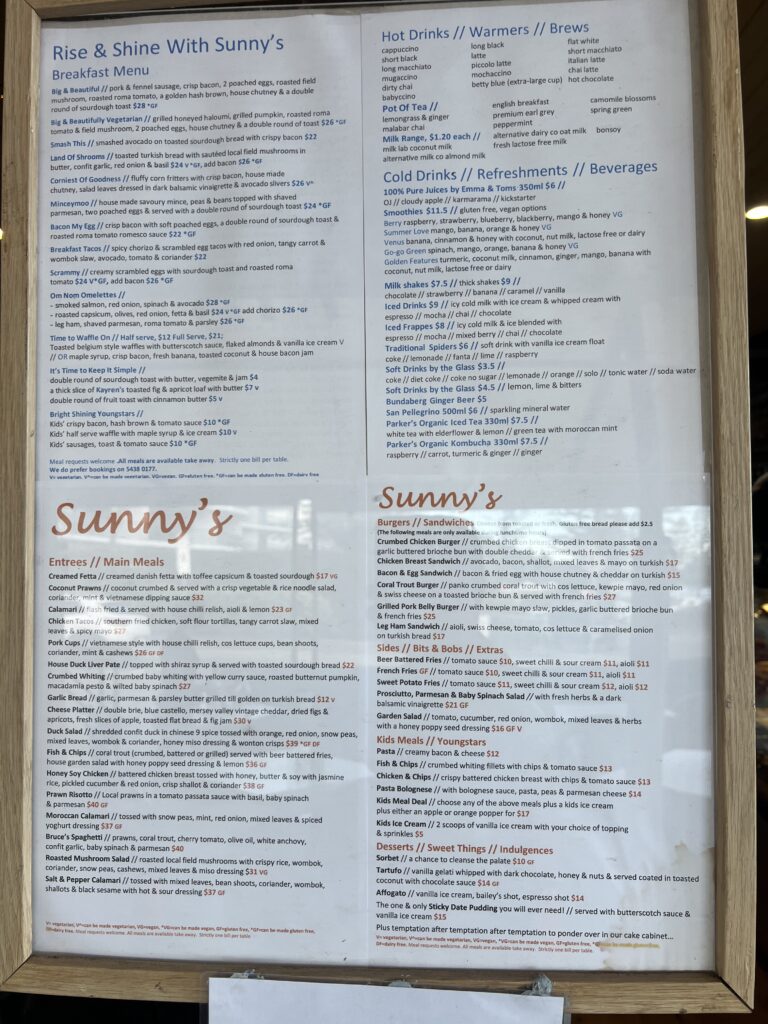 Ruff Ruff Reviews - Sunny's At Moffats, Moffats Beach, Caloundra - Menu