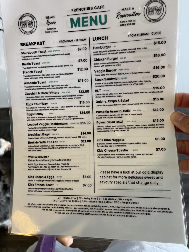 Ruff Ruff Reviews - Frenchies Cafe, Wynnum - Menu