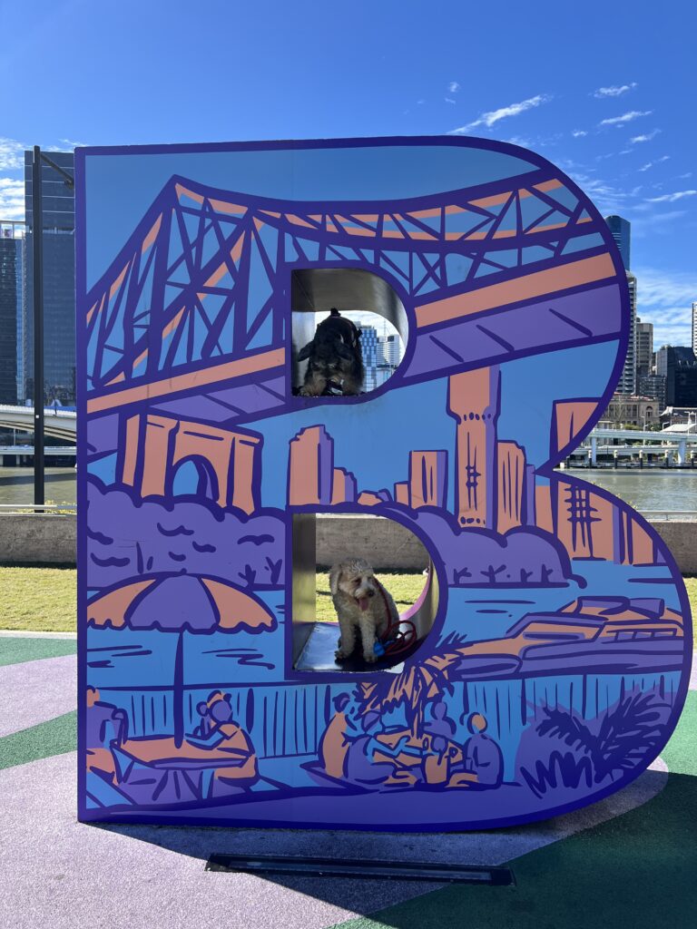 Ruff Ruff Reviews - Cultural Forecourt, Southbank, South Brisbane - Brisbane Sign, with Ralph and Luna