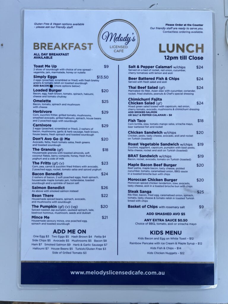 Ruff Ruff Reviews - Melody's Licensed Cafe, Mooloolaba - Menu