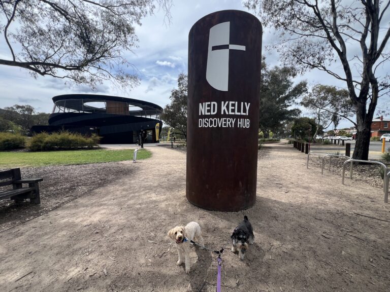 Ruff Ruff Reviews - Ned Kelly Discovery Hub, Glenrowan, Victoria - Ralph and Luna outside
